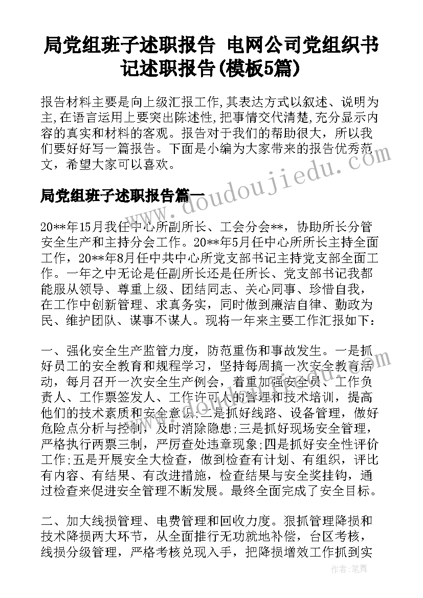 局党组班子述职报告 电网公司党组织书记述职报告(模板5篇)