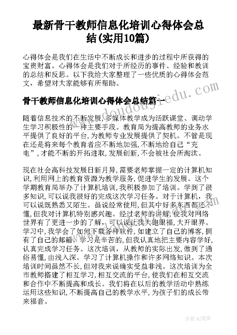 最新骨干教师信息化培训心得体会总结(实用10篇)