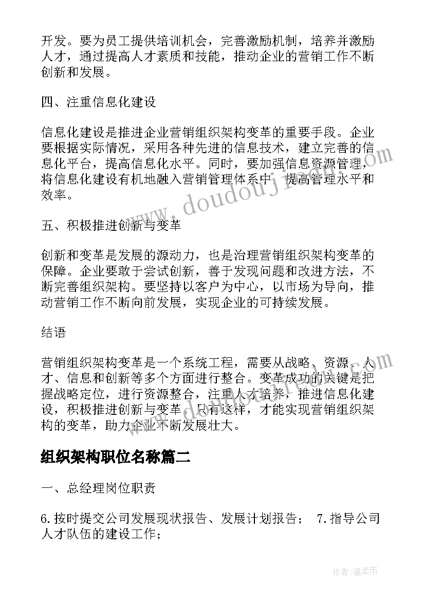 2023年组织架构职位名称 营销组织架构变革心得体会(大全7篇)