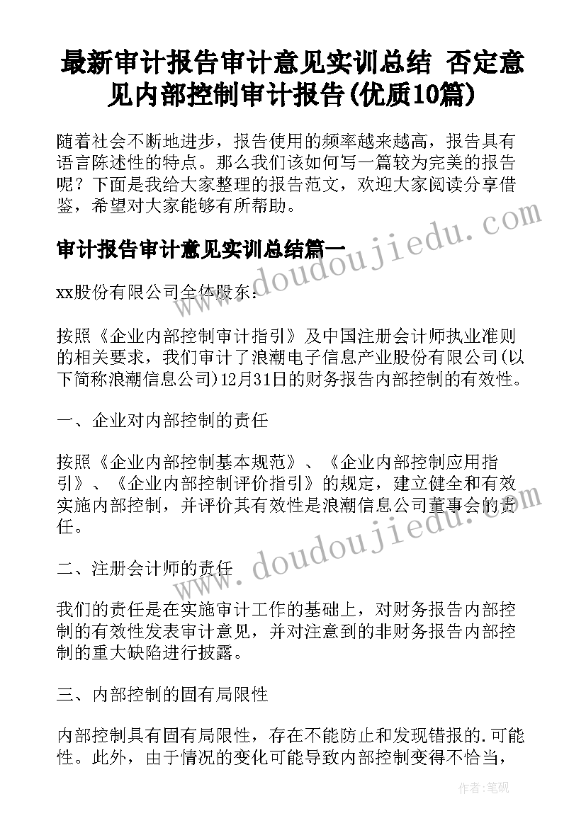 最新审计报告审计意见实训总结 否定意见内部控制审计报告(优质10篇)