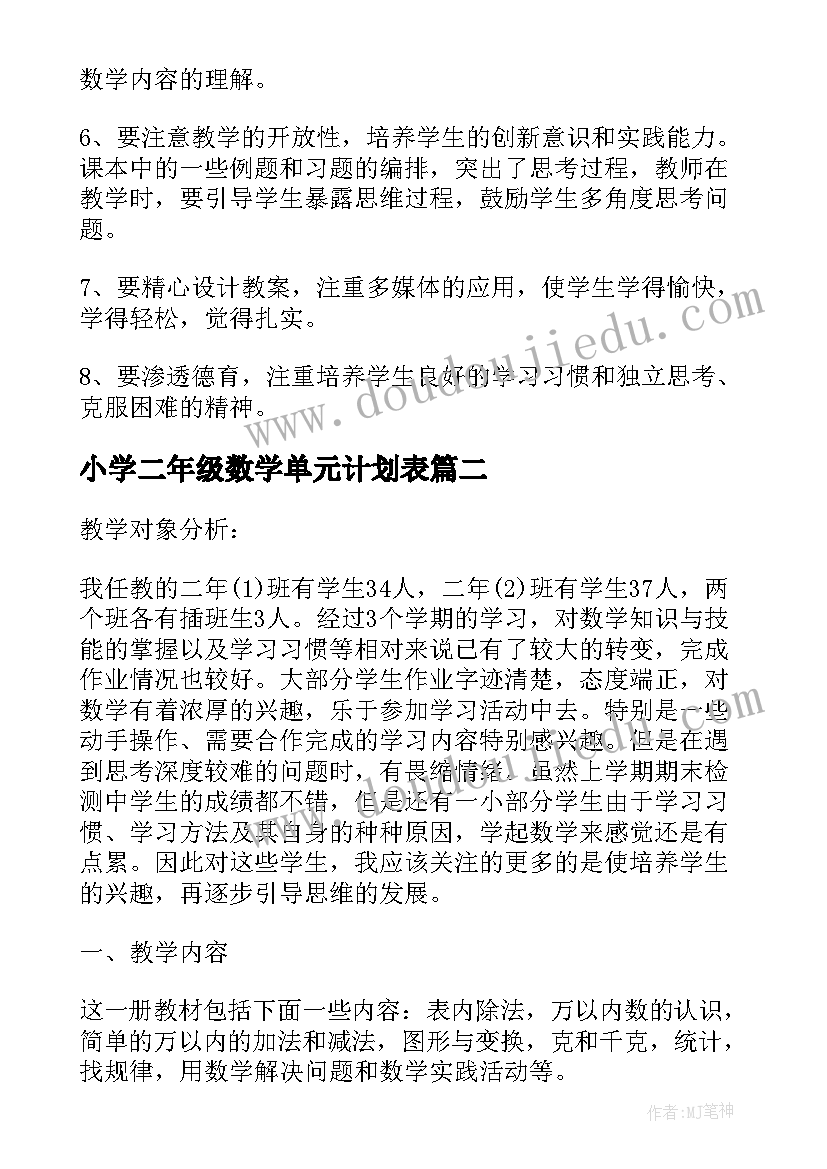 2023年小学二年级数学单元计划表 小学二年级数学工作计划(大全9篇)