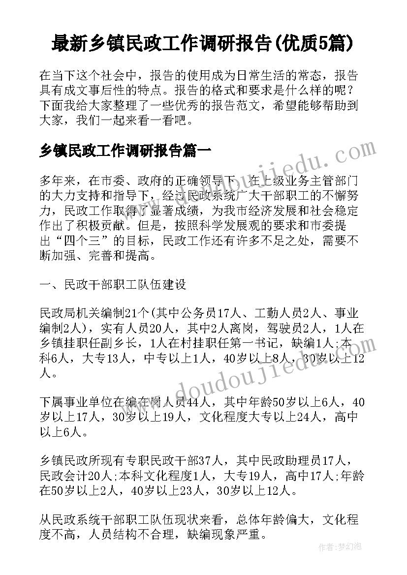 最新乡镇民政工作调研报告(优质5篇)