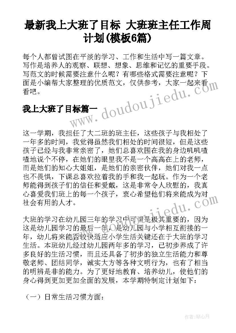 最新我上大班了目标 大班班主任工作周计划(模板6篇)