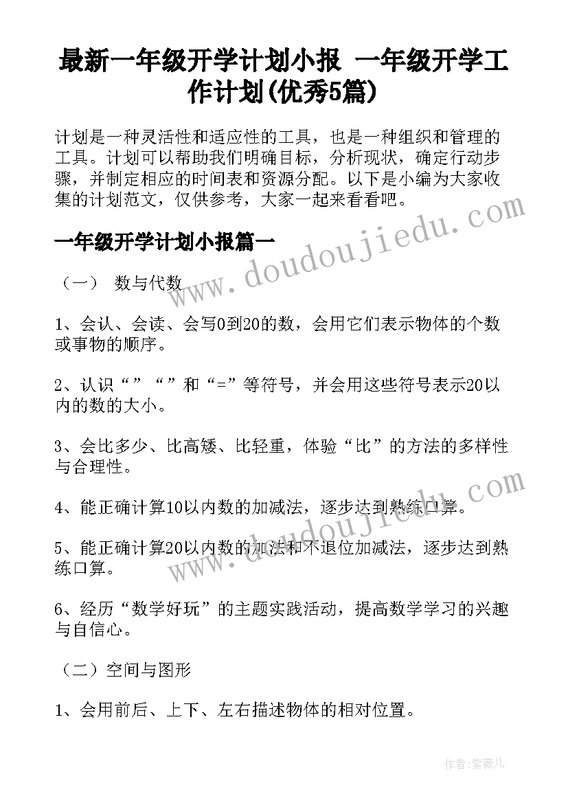 最新一年级开学计划小报 一年级开学工作计划(优秀5篇)