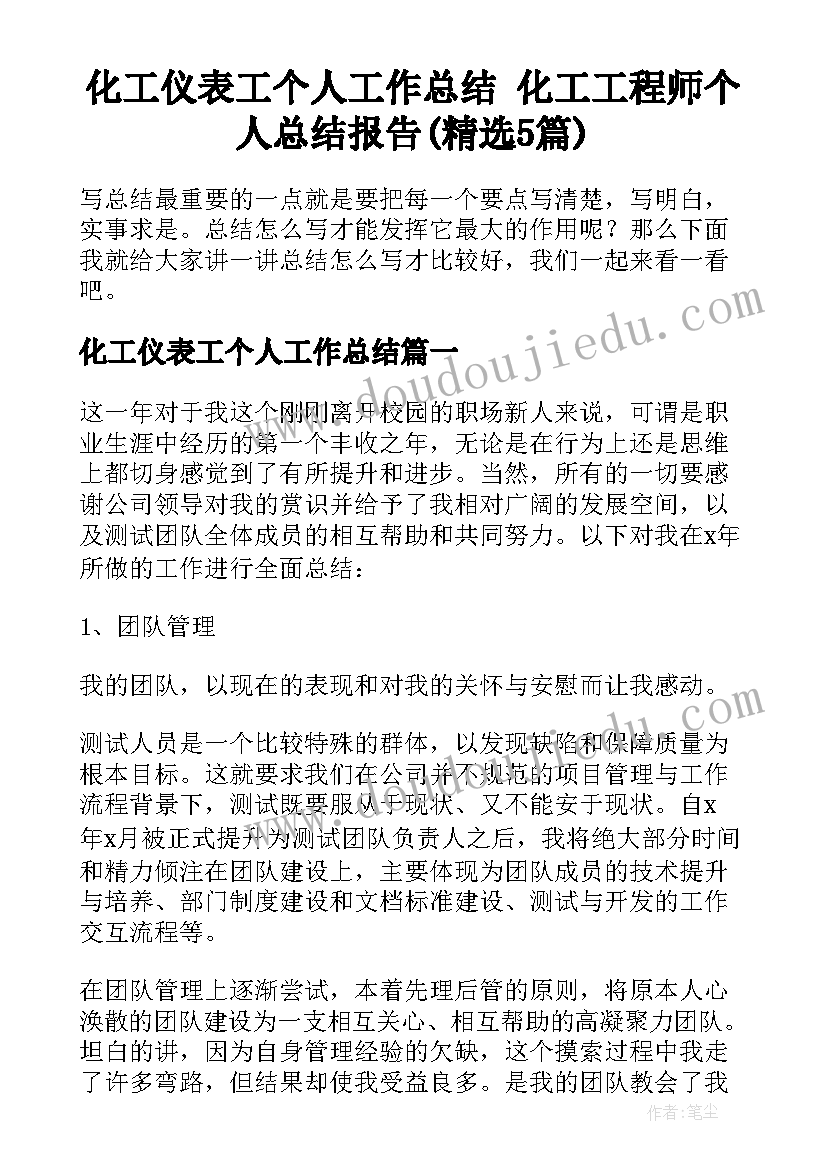 化工仪表工个人工作总结 化工工程师个人总结报告(精选5篇)