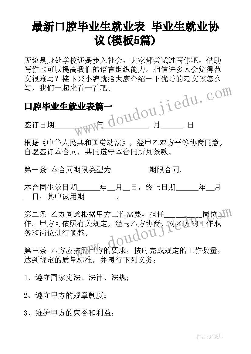 最新口腔毕业生就业表 毕业生就业协议(模板5篇)