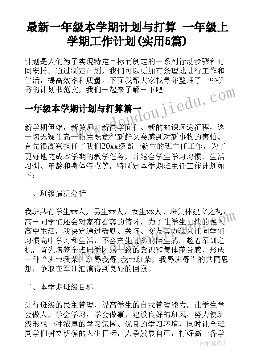 最新一年级本学期计划与打算 一年级上学期工作计划(实用5篇)