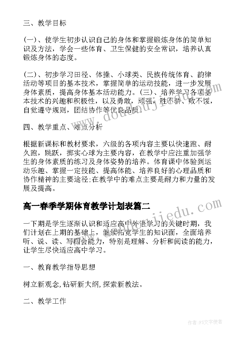 最新高一春季学期体育教学计划表(优质5篇)