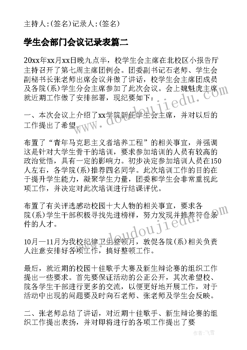 2023年学生会部门会议记录表 部门会议记录(大全5篇)