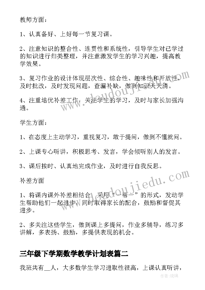 最新三年级下学期数学教学计划表 三年级数学下学期复习教学计划(优秀10篇)