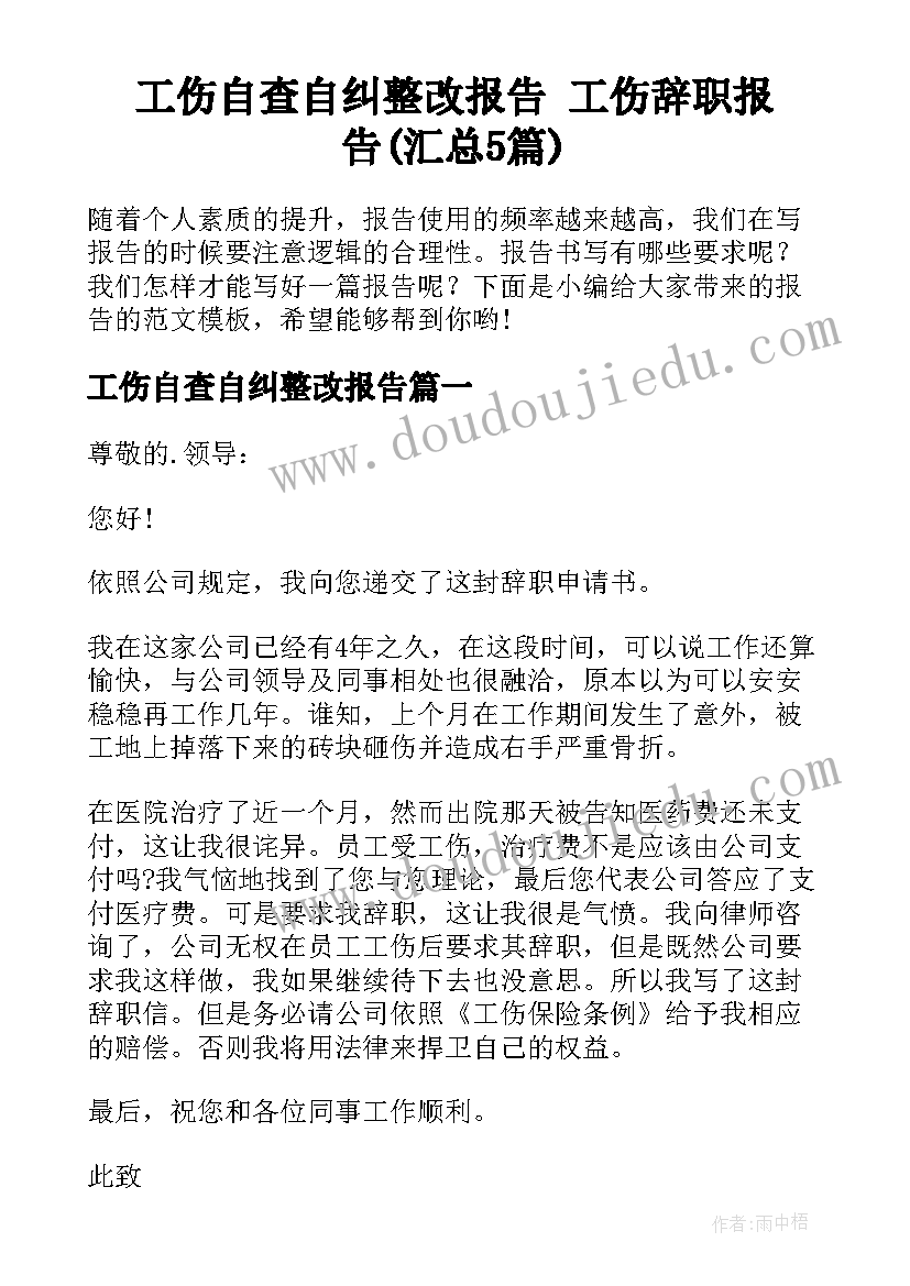 工伤自查自纠整改报告 工伤辞职报告(汇总5篇)