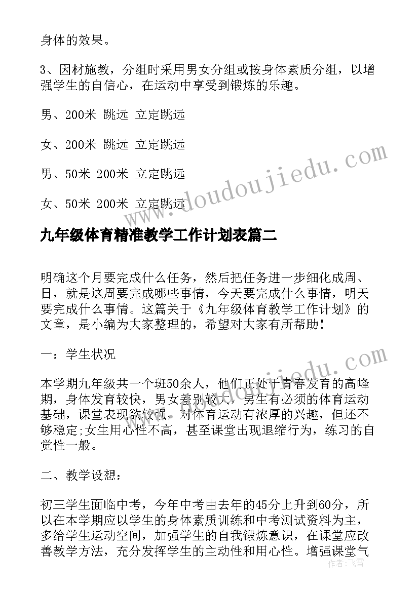 2023年九年级体育精准教学工作计划表(优质5篇)