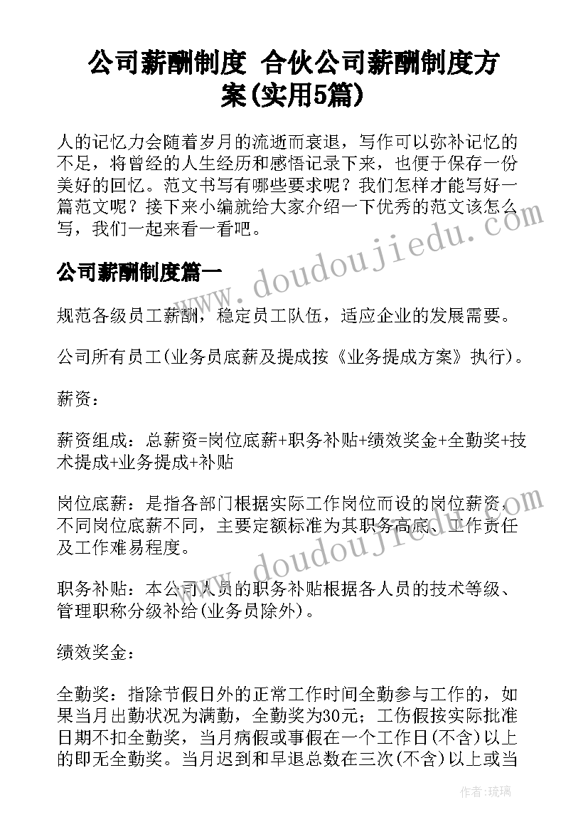 公司薪酬制度 合伙公司薪酬制度方案(实用5篇)