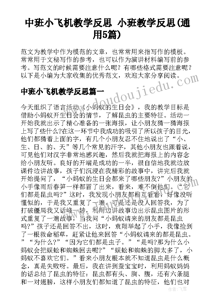 中班小飞机教学反思 小班教学反思(通用5篇)