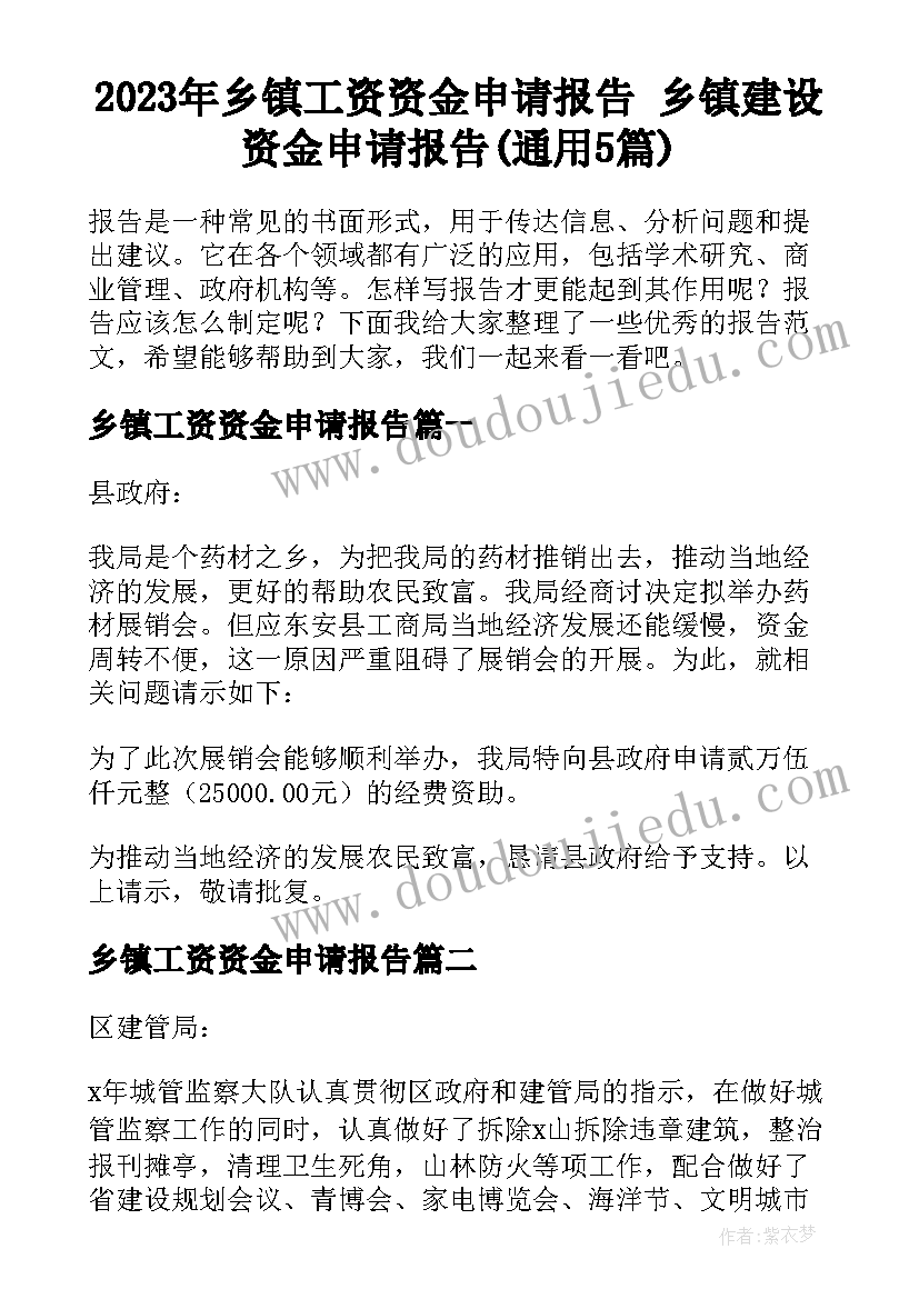 2023年乡镇工资资金申请报告 乡镇建设资金申请报告(通用5篇)