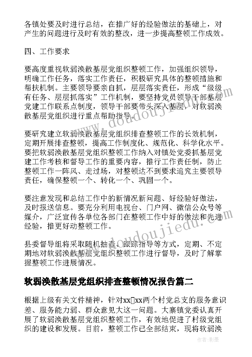 最新软弱涣散基层党组织排查整顿情况报告(通用5篇)