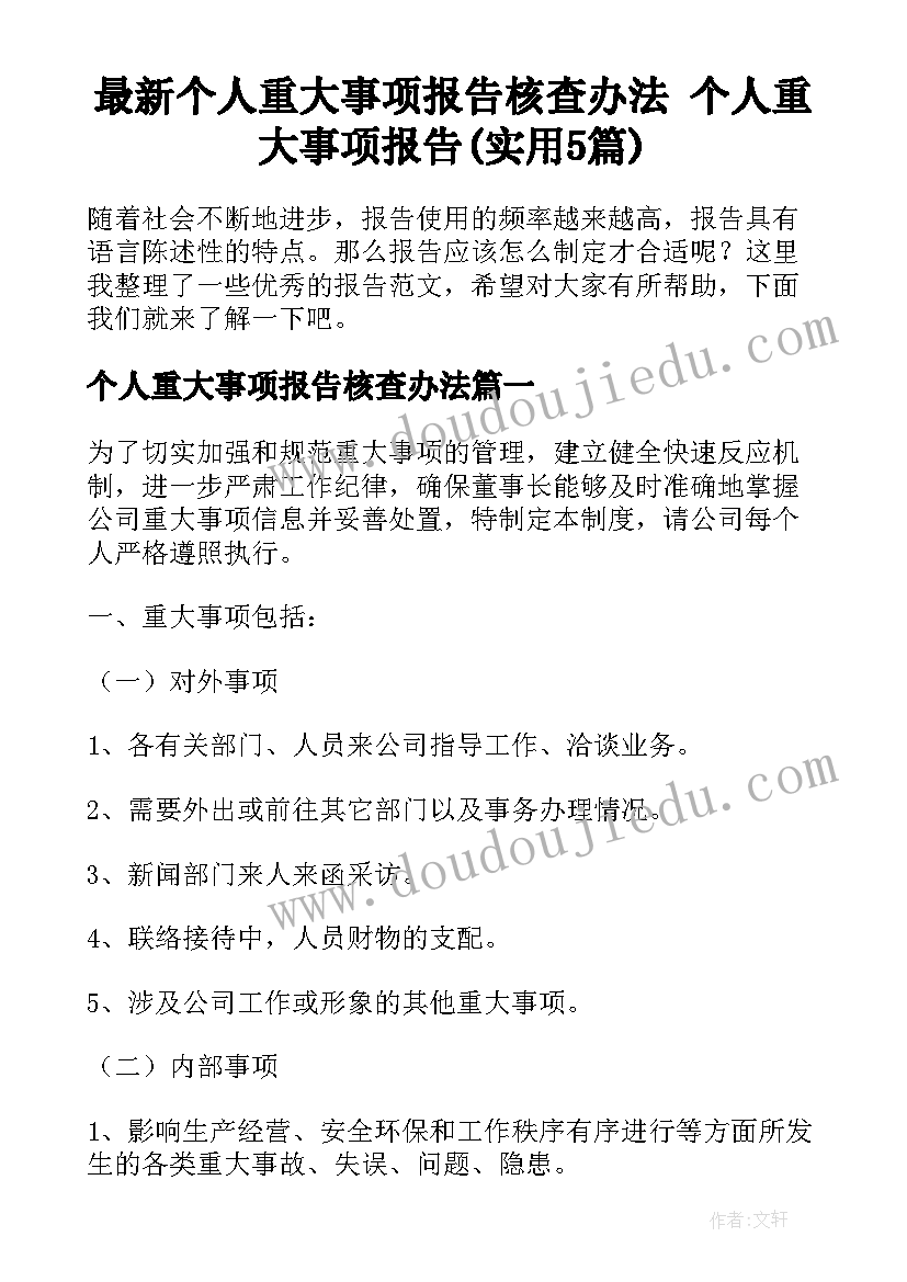 最新个人重大事项报告核查办法 个人重大事项报告(实用5篇)