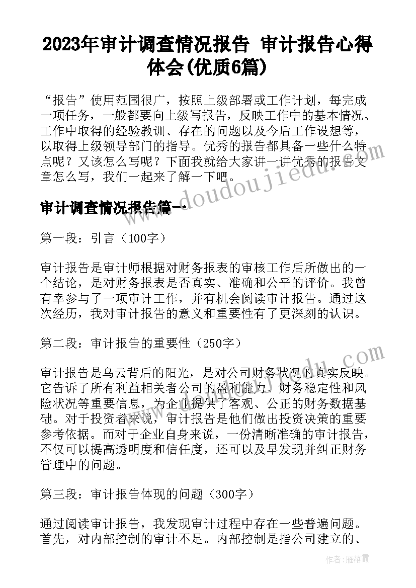 2023年审计调查情况报告 审计报告心得体会(优质6篇)