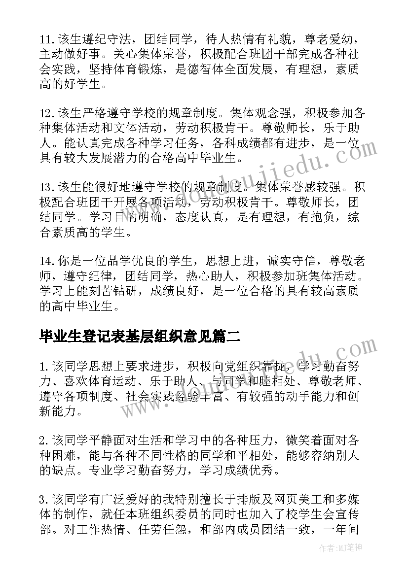 最新毕业生登记表基层组织意见 高中毕业生基层组织鉴定意见(模板5篇)