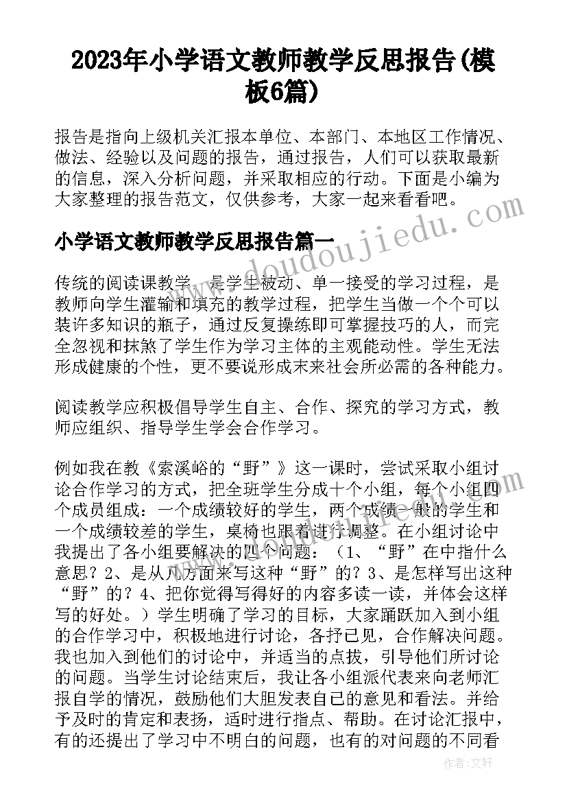 2023年小学语文教师教学反思报告(模板6篇)