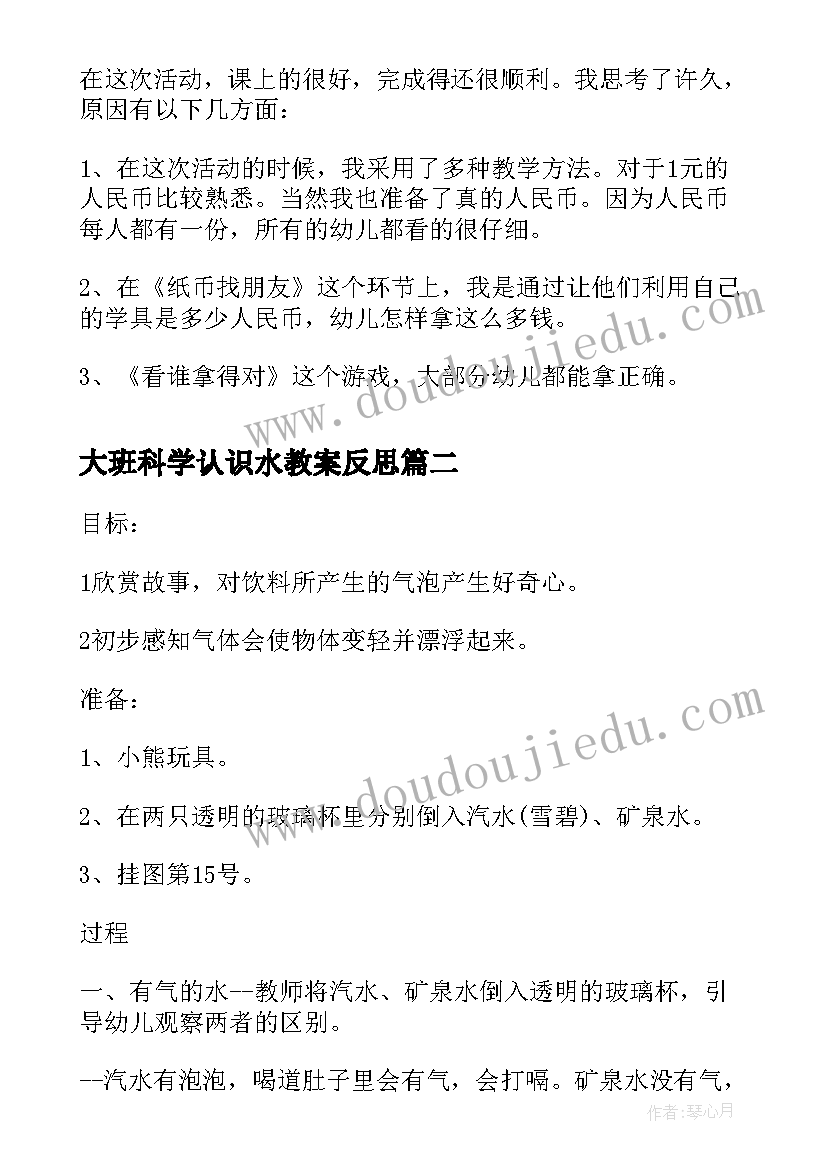 2023年大班科学认识水教案反思 大班科学活动认识人民币教学反思(精选6篇)