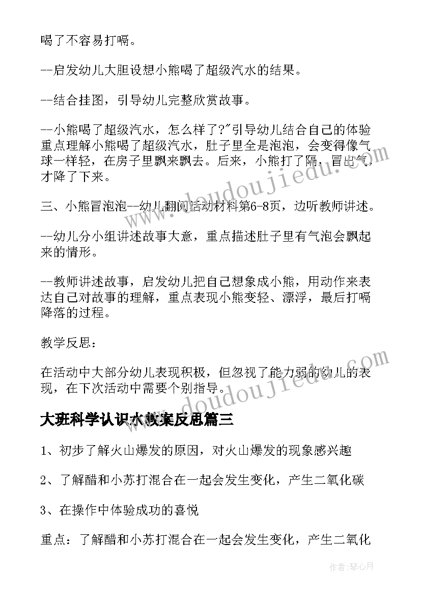 2023年大班科学认识水教案反思 大班科学活动认识人民币教学反思(精选6篇)