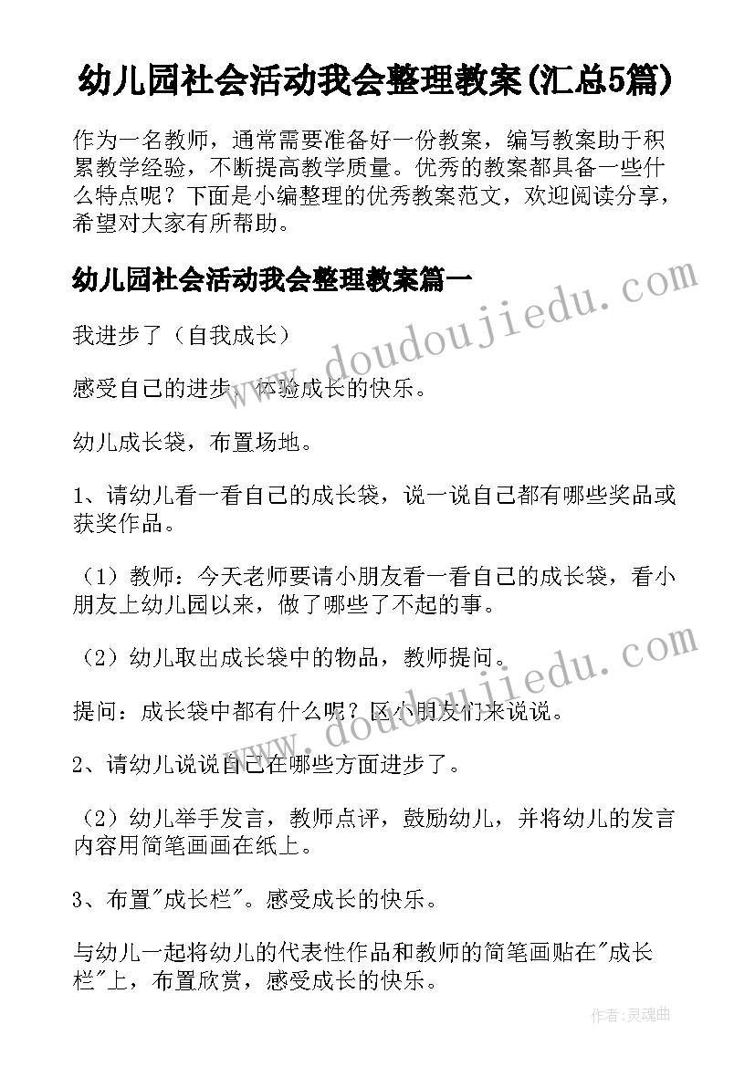 幼儿园社会活动我会整理教案(汇总5篇)