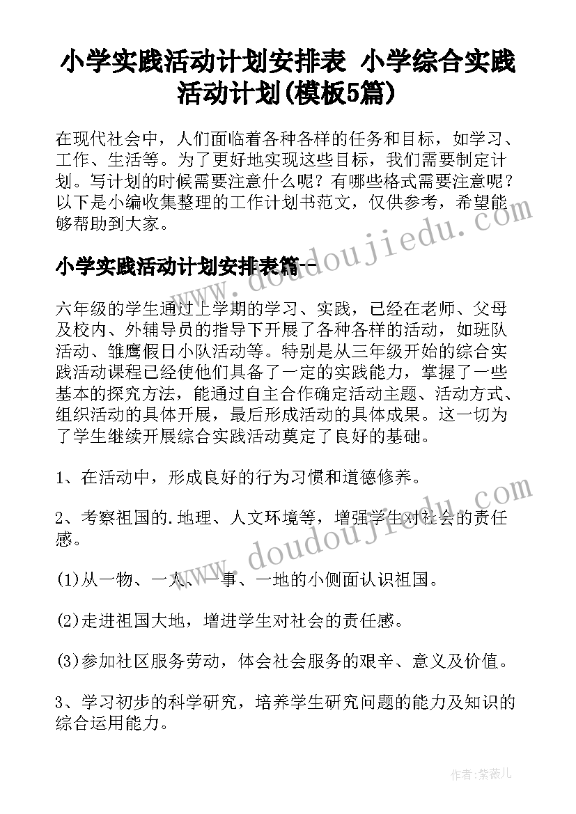 小学实践活动计划安排表 小学综合实践活动计划(模板5篇)