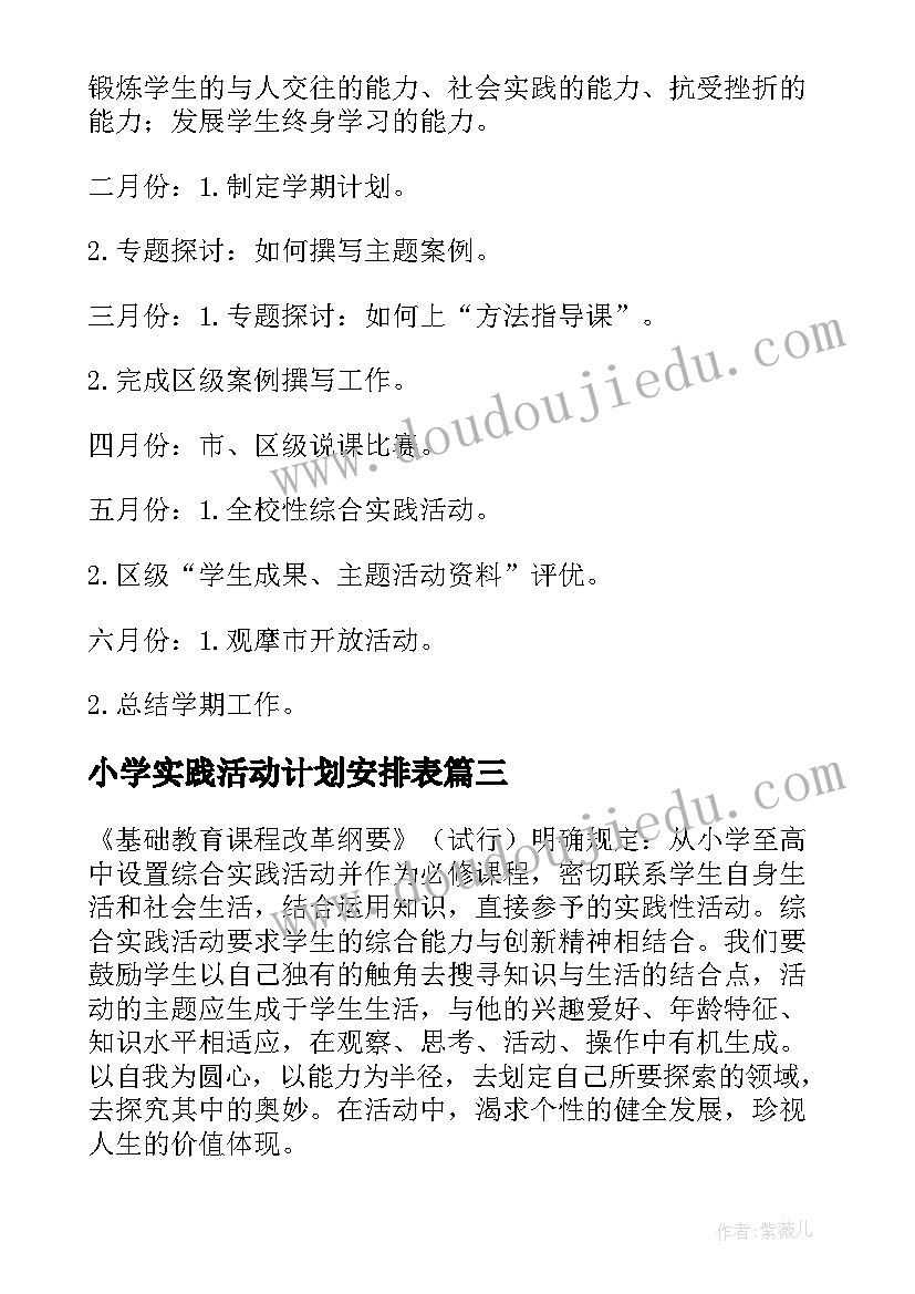 小学实践活动计划安排表 小学综合实践活动计划(模板5篇)