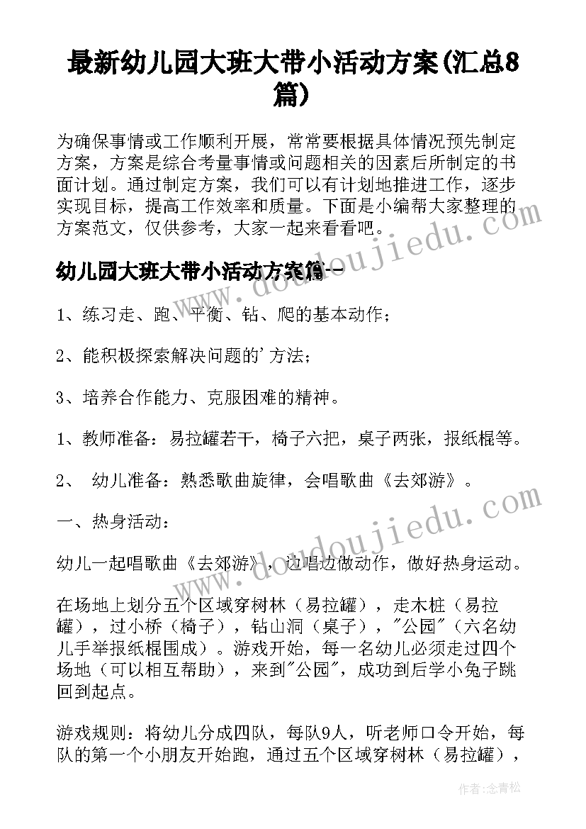 最新幼儿园大班大带小活动方案(汇总8篇)