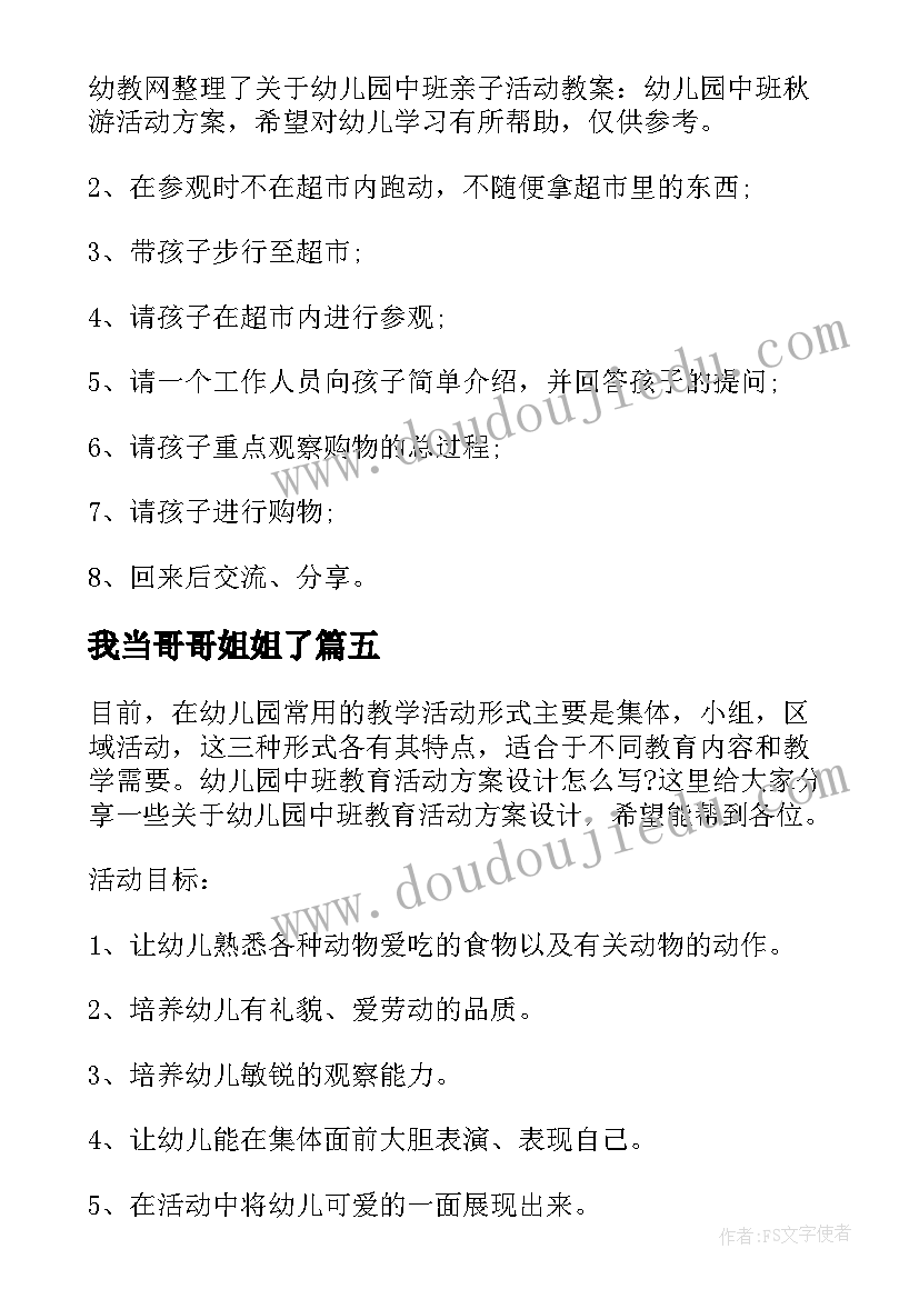 2023年我当哥哥姐姐了 幼儿园活动方案设计(汇总10篇)