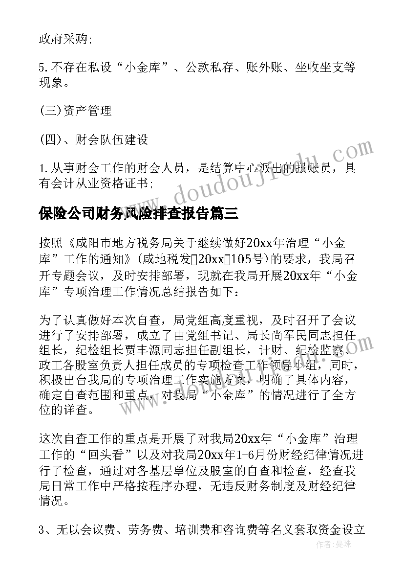 保险公司财务风险排查报告(精选7篇)