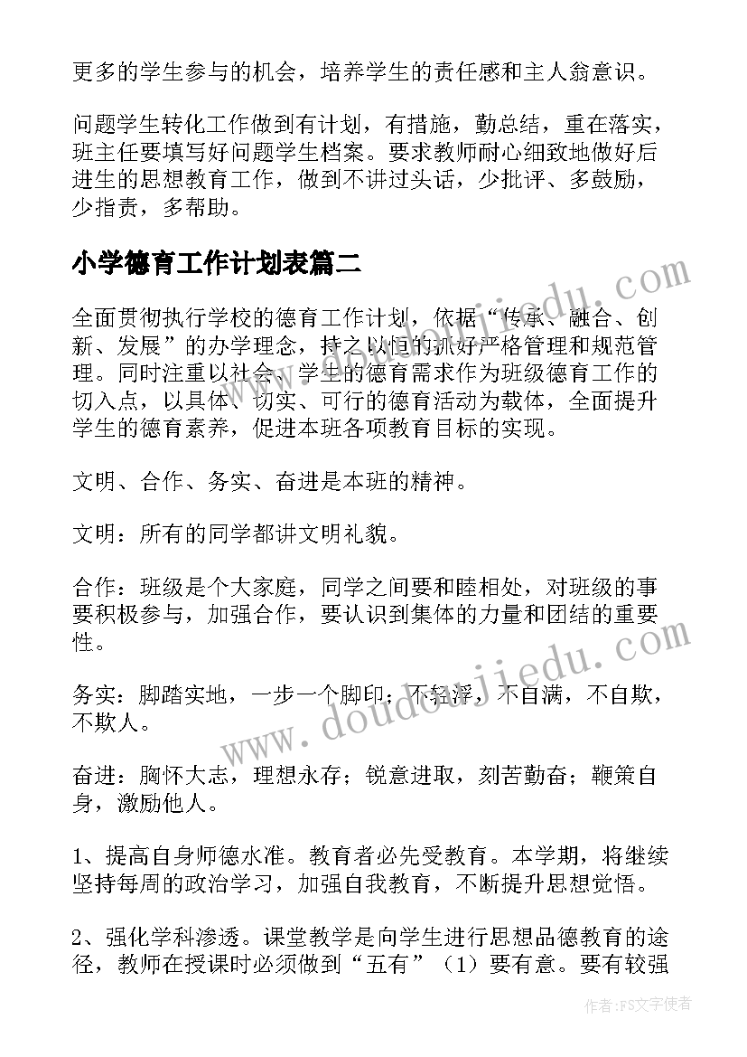 2023年小学德育工作计划表(实用5篇)