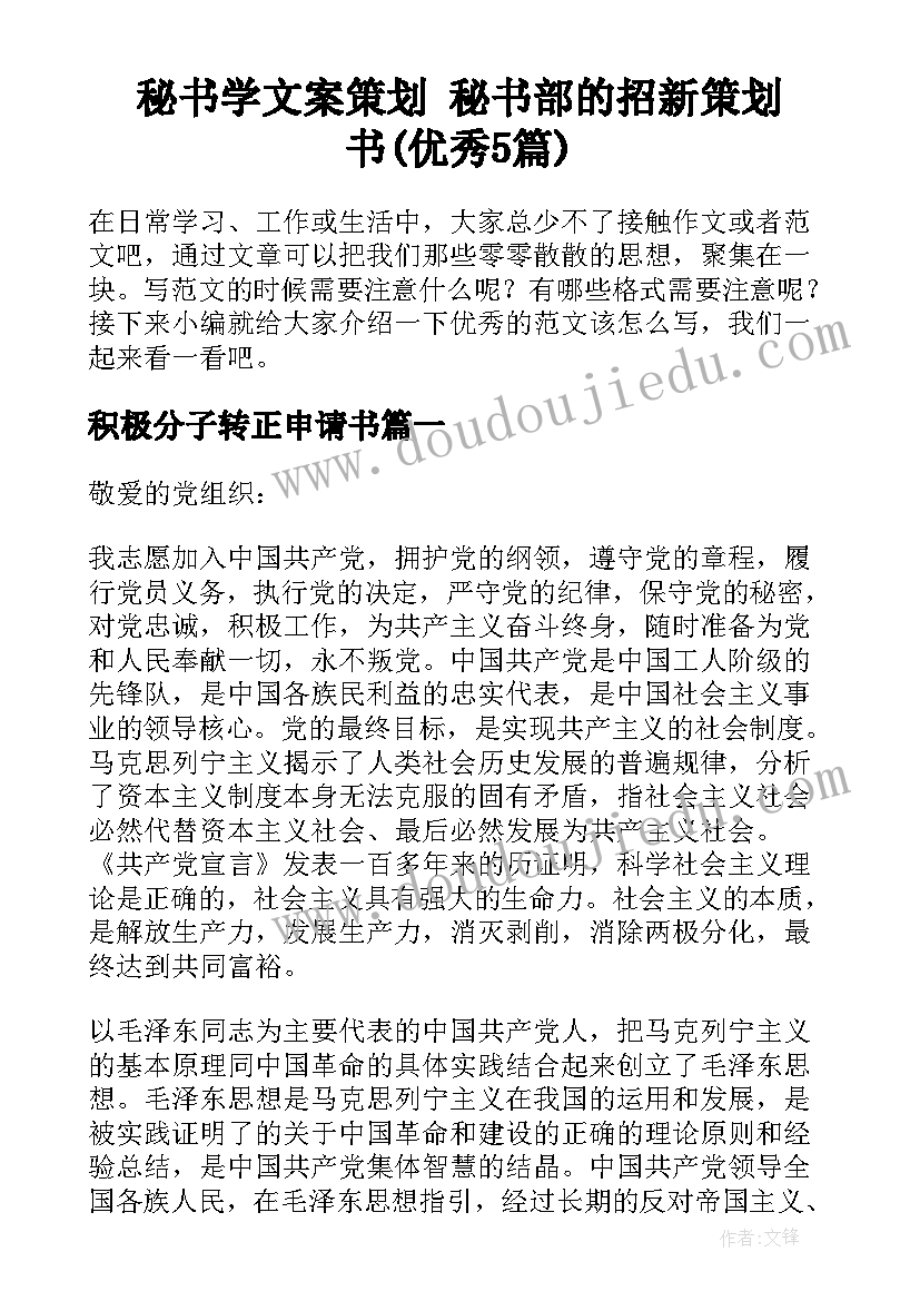 秘书学文案策划 秘书部的招新策划书(优秀5篇)