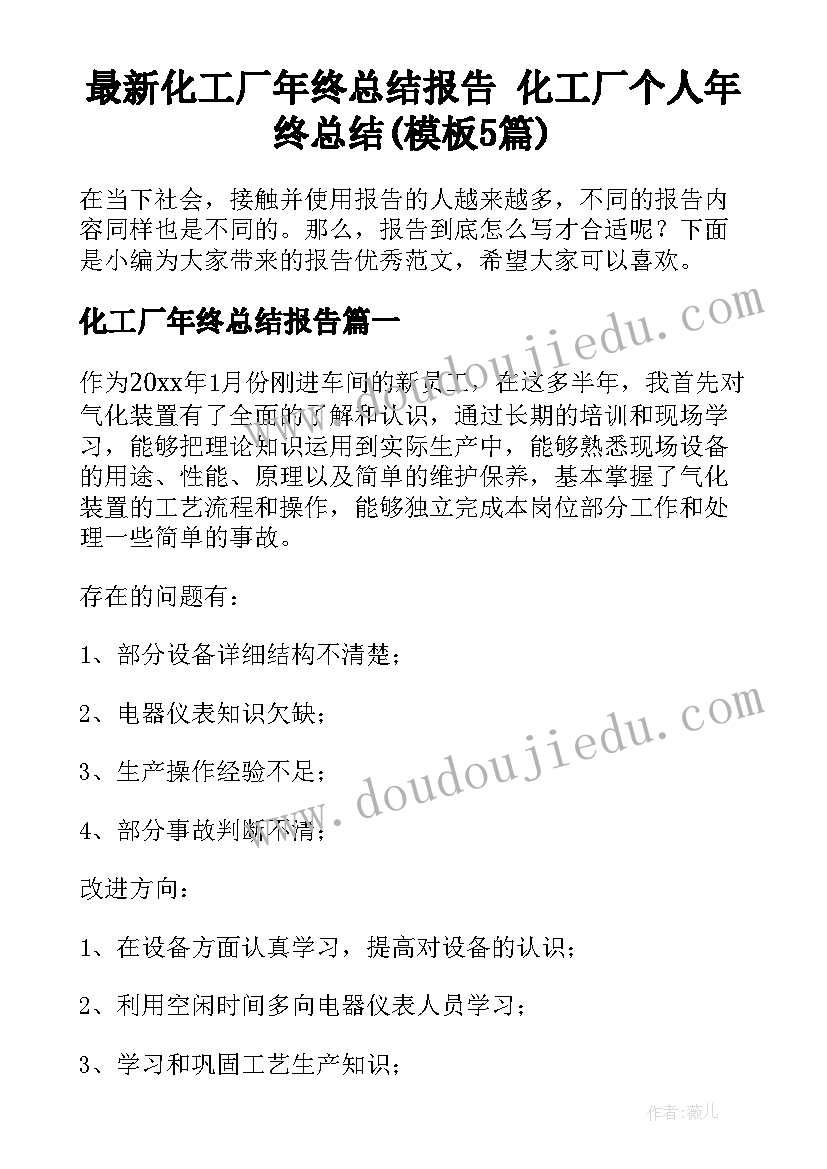 最新化工厂年终总结报告 化工厂个人年终总结(模板5篇)