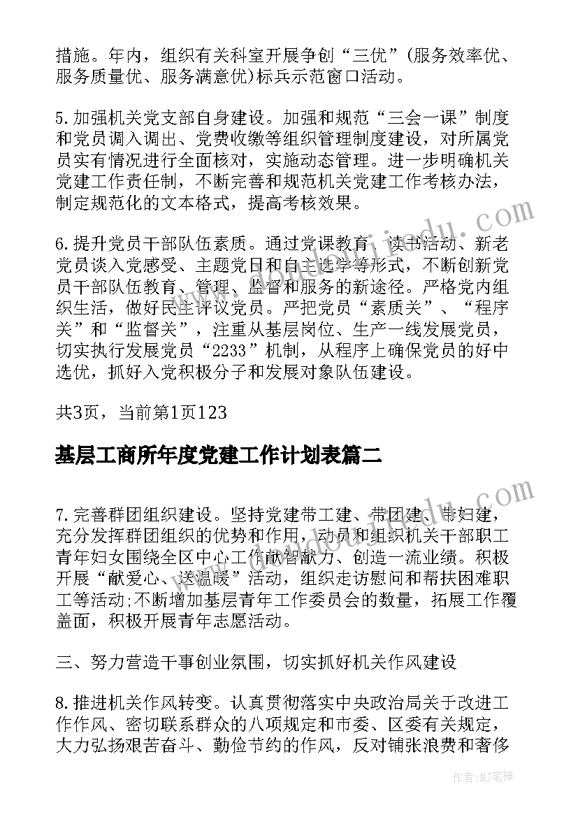 基层工商所年度党建工作计划表(优质5篇)