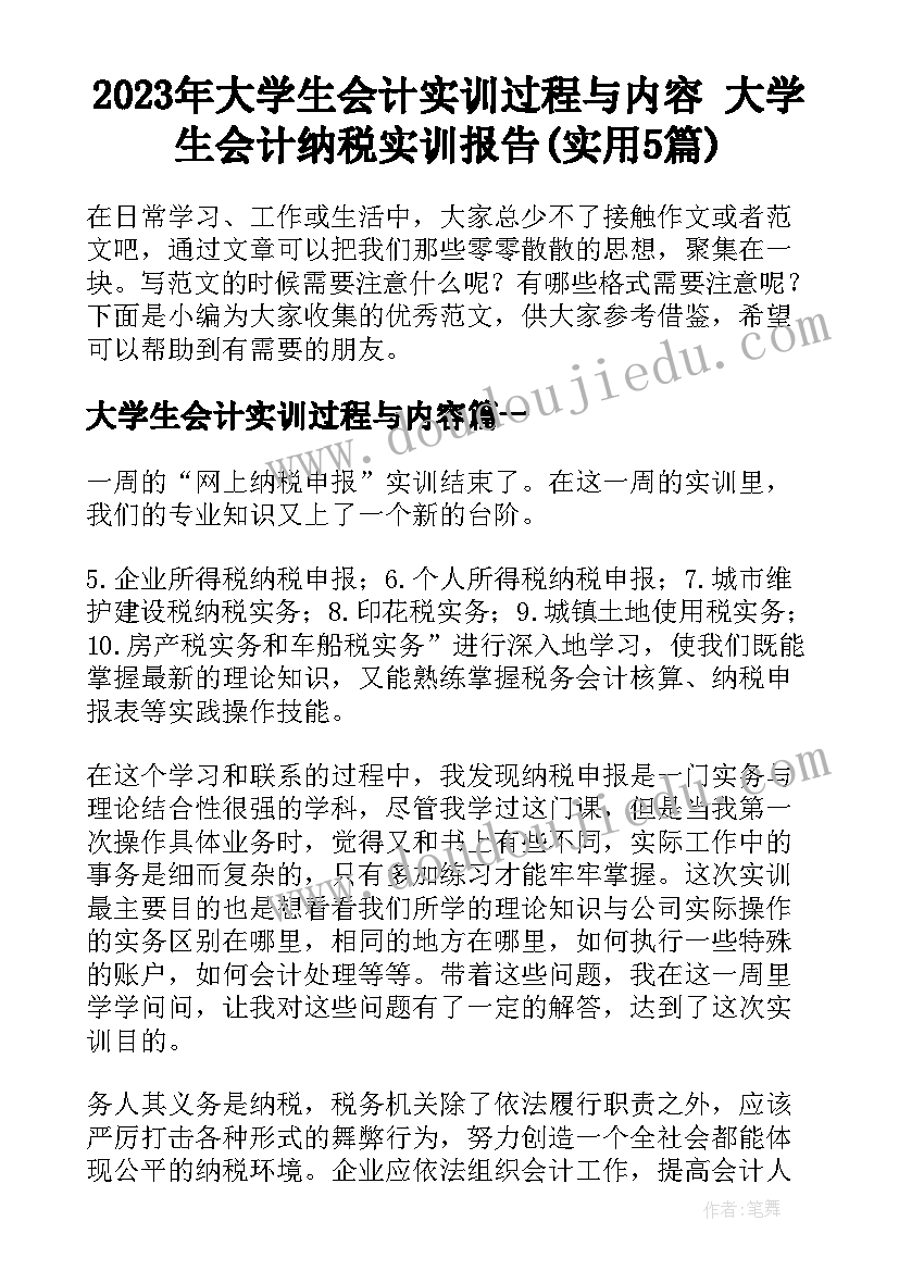 2023年大学生会计实训过程与内容 大学生会计纳税实训报告(实用5篇)