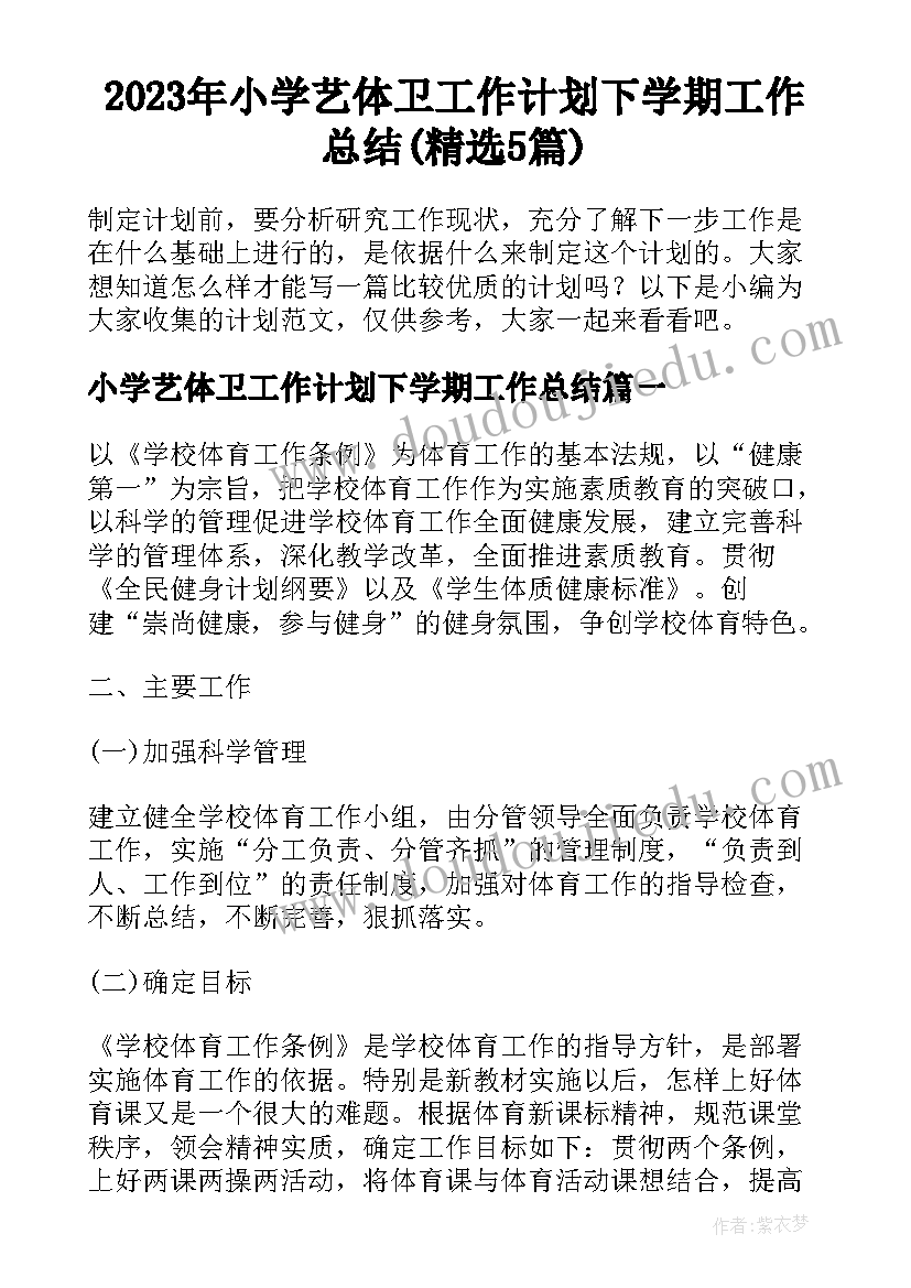 2023年小学艺体卫工作计划下学期工作总结(精选5篇)