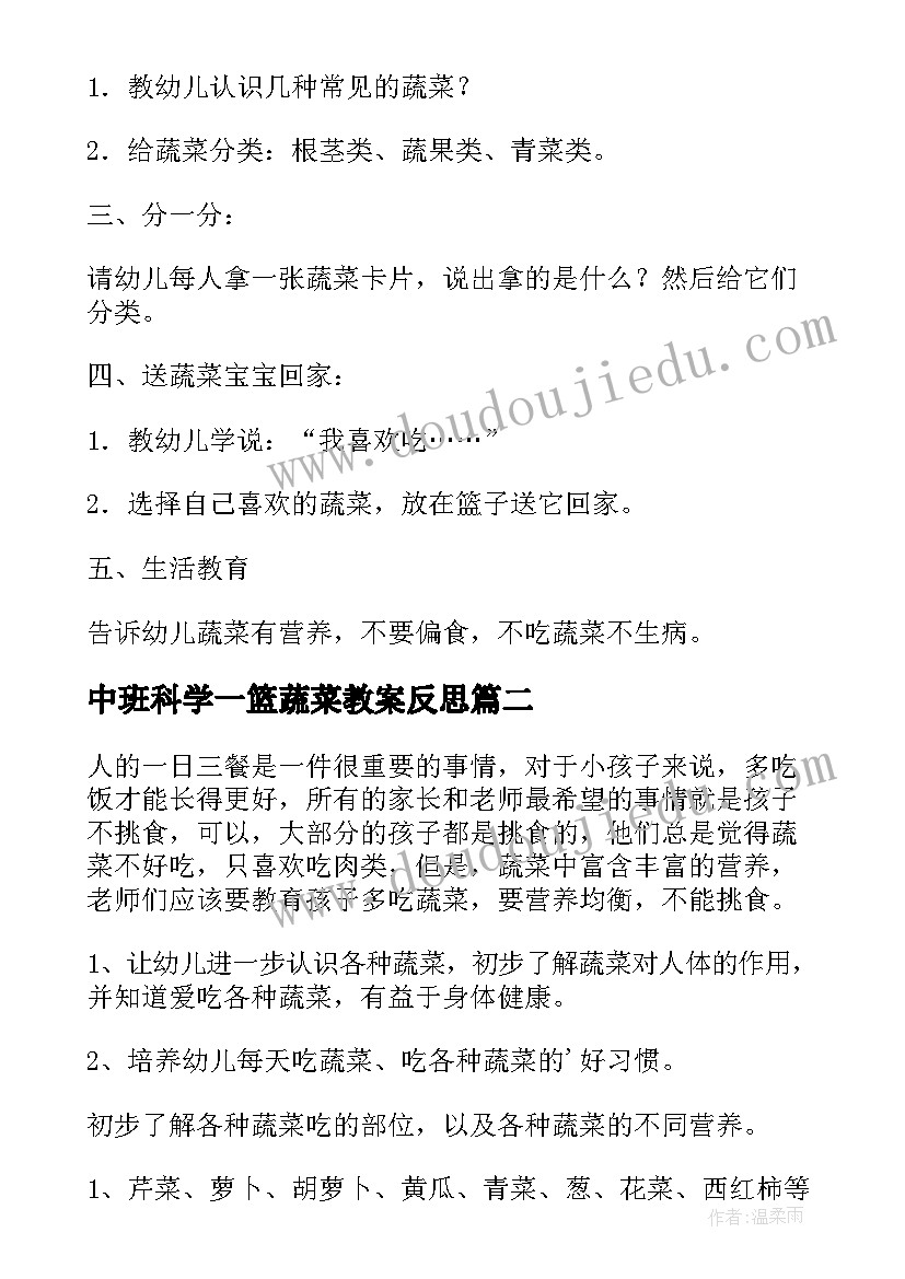 中班科学一篮蔬菜教案反思 中班科学活动教案一篮蔬菜(汇总5篇)