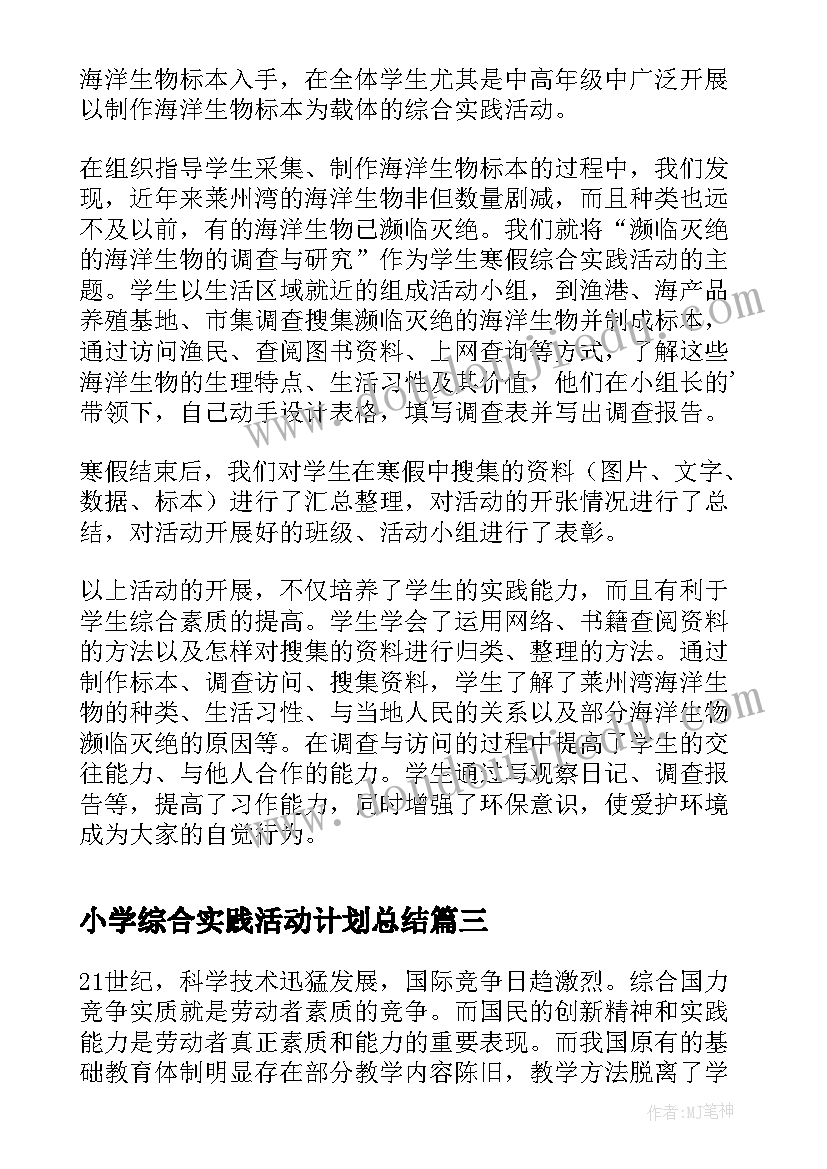 最新小学综合实践活动计划总结(优秀5篇)