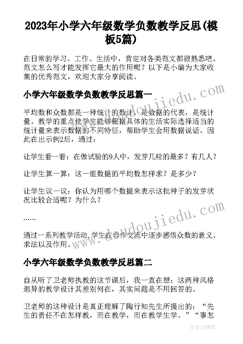 2023年小学六年级数学负数教学反思(模板5篇)