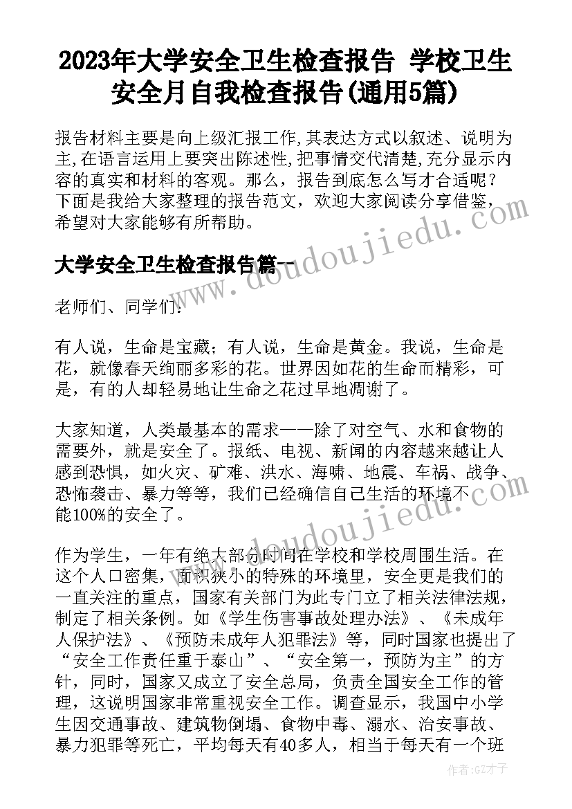 2023年大学安全卫生检查报告 学校卫生安全月自我检查报告(通用5篇)