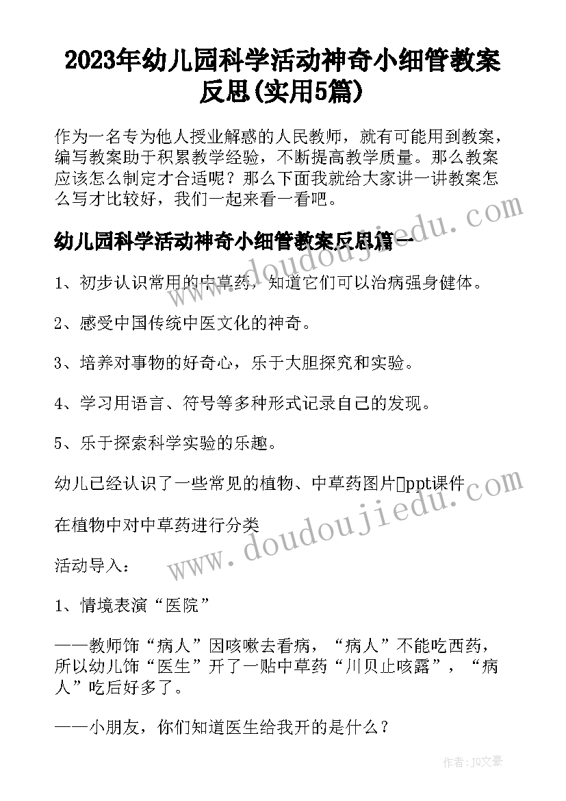 2023年幼儿园科学活动神奇小细管教案反思(实用5篇)