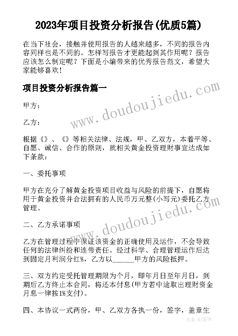 2023年项目投资分析报告(优质5篇)