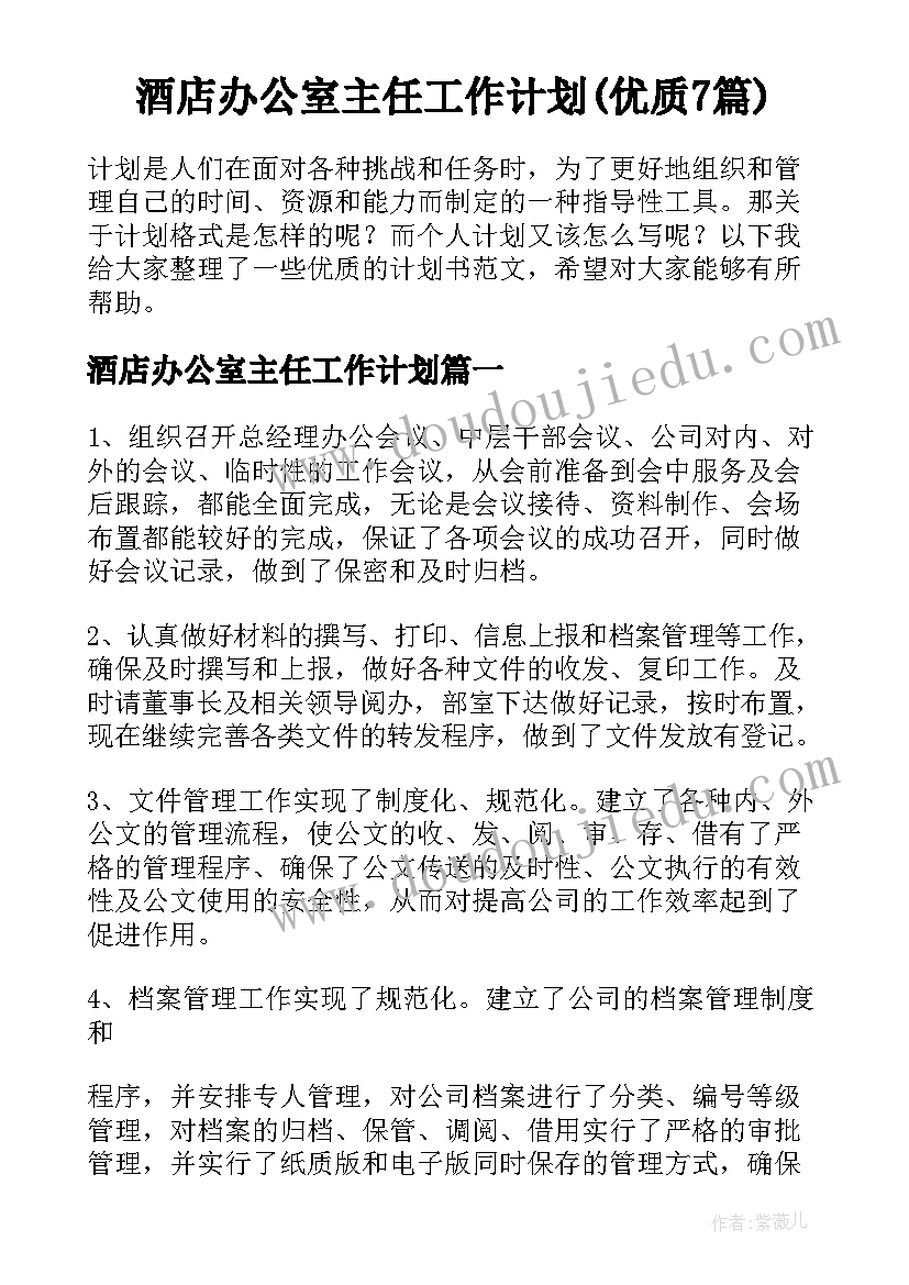 酒店办公室主任工作计划(优质7篇)