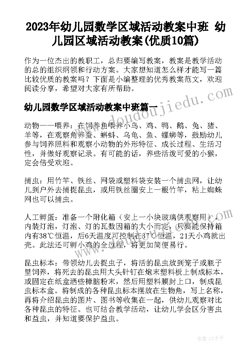 2023年幼儿园数学区域活动教案中班 幼儿园区域活动教案(优质10篇)