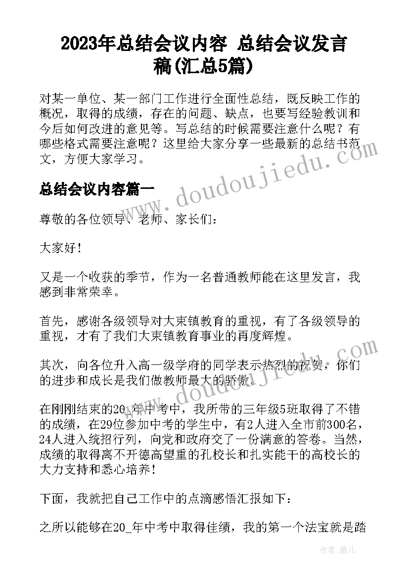 2023年总结会议内容 总结会议发言稿(汇总5篇)