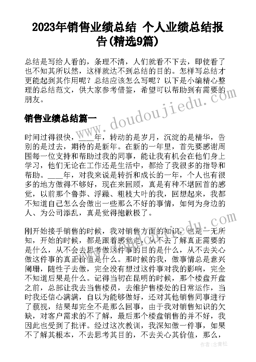 2023年销售业绩总结 个人业绩总结报告(精选9篇)