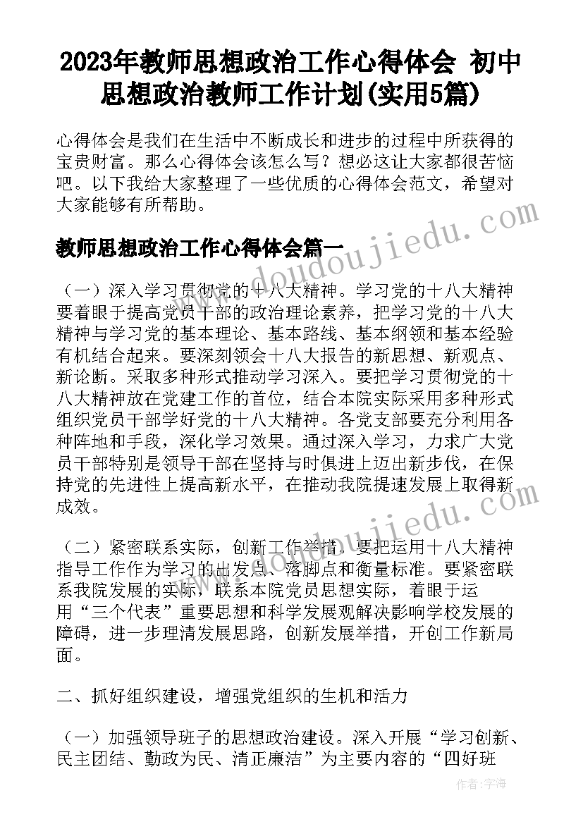 2023年教师思想政治工作心得体会 初中思想政治教师工作计划(实用5篇)