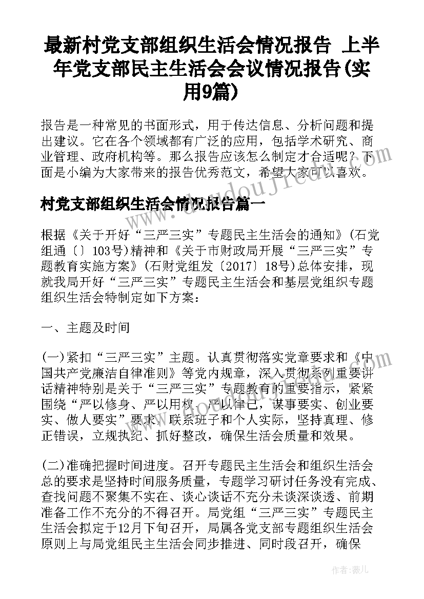 最新村党支部组织生活会情况报告 上半年党支部民主生活会会议情况报告(实用9篇)